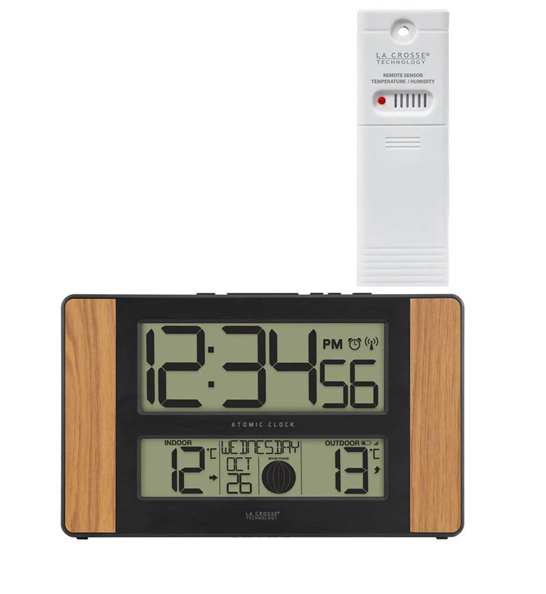 513-1417 Moon Phase Digital Wall Clock Wood Panel with In/Outdoor Temp