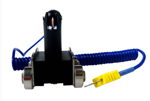Thermocouple Hand Probe, Surface Type K, Roller 3 Ribbon Tip, with 2 Mtr curly cord lead & mini plug. Maximum Temperature 250 Deg C.