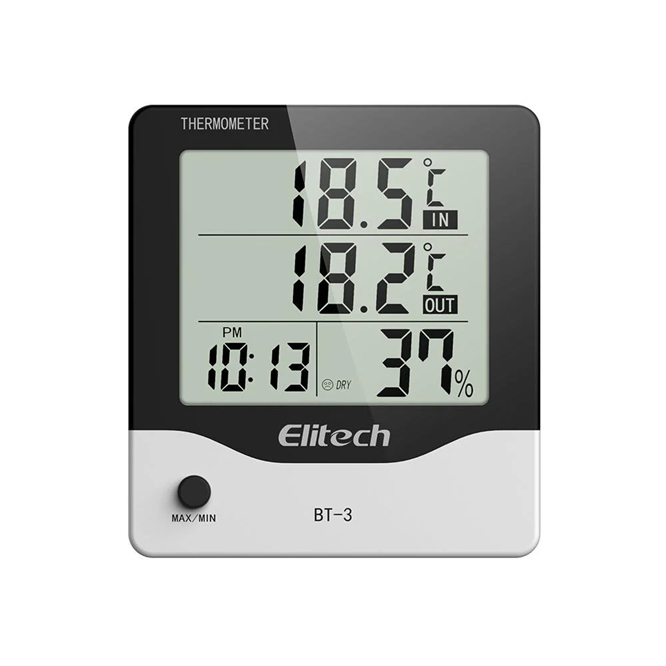 Elitech BT-3 LCD Indoor/Outdoor HVAC Digital Hygrometer Thermometer with Clock and Min/Max Value