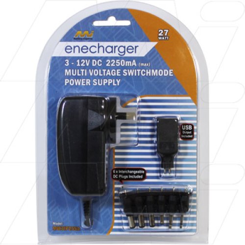 Enecharger 27W Power Supply 100-240VAC Input to Output 3V, 4.5V, 5V, 6V, 7.5V, 9V or 12V DC at 2.25  - MW3IP25SA