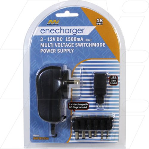 Enecharger 18W Power Supply 100-240VAC Input to Output 3V, 4.5V, 5V, 6V, 7.5V, 9V or 12V DC at 1.5 A - MW3R15SA